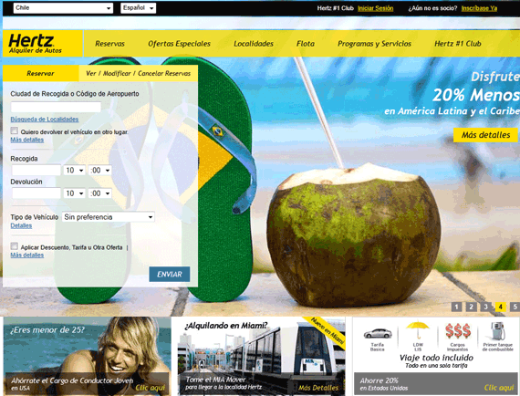 Hertz rent a car website viewed from Chile