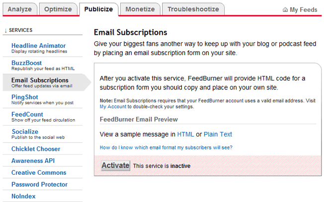 feedburner email subscriptions activation