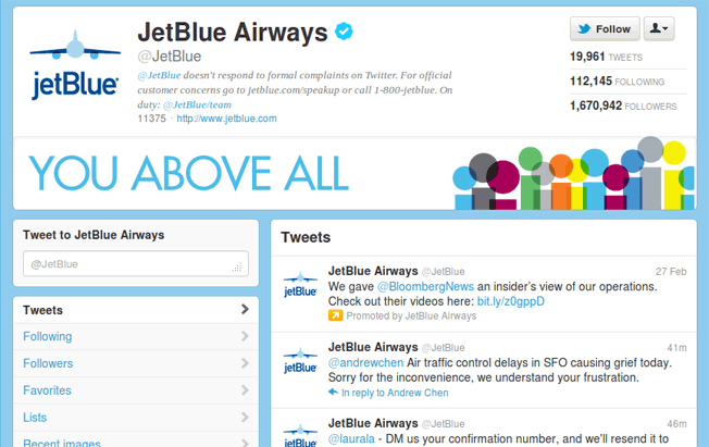 Jet Blue twitter profile 2012