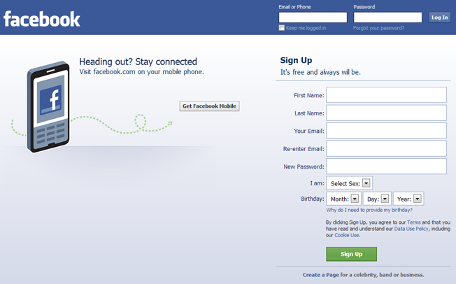 facebook homepage in 2012