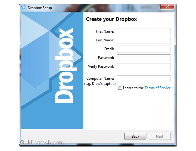 Dropbox Signup on Desktop