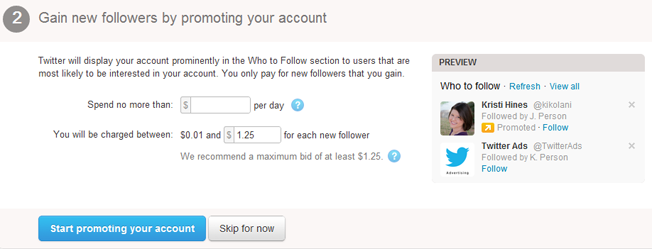 twitter advertising setup promoted accounts budget options