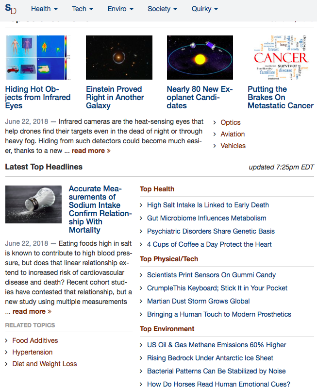 ScienceDaily homepage in 2018
