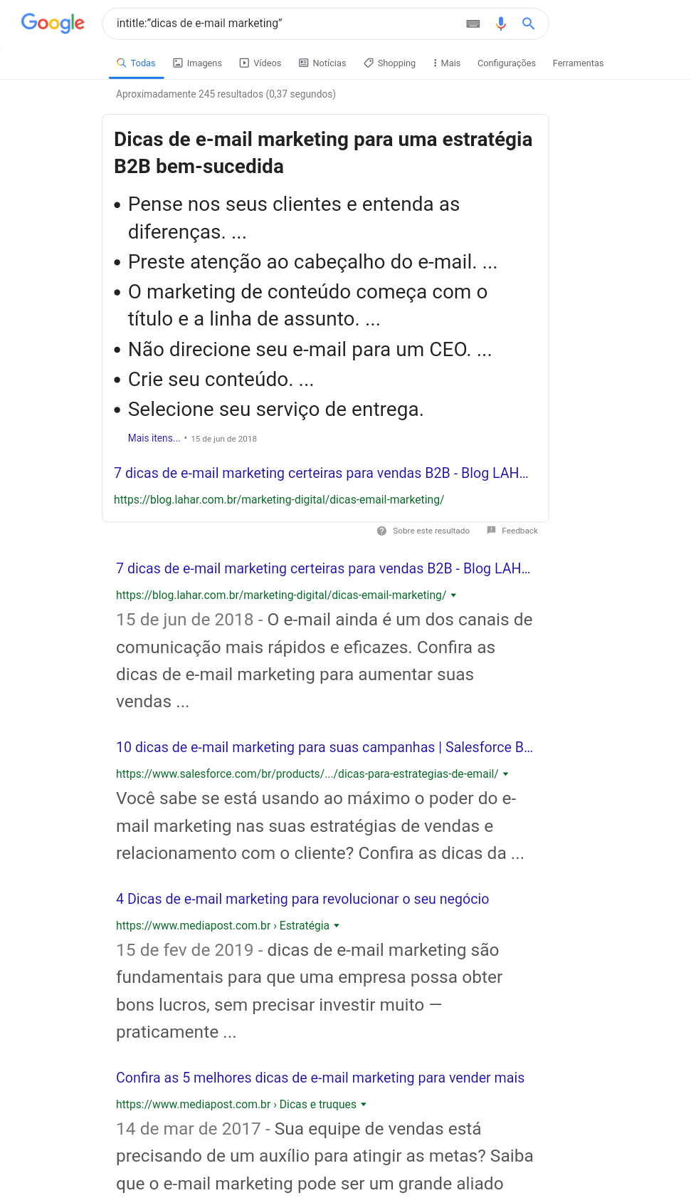 página de resultados do google para dicas de email marketing