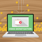 ilustraçao representando laptop com a frase video monetization em tela com moedas ao fundo