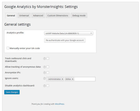 painel de configuraçoes gerais em google analytics by monsterInsights