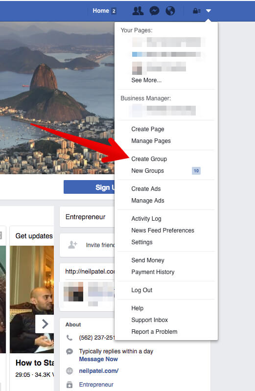 configurações do facebook e botão para criação de grupo evidenciado por flecha vermelha