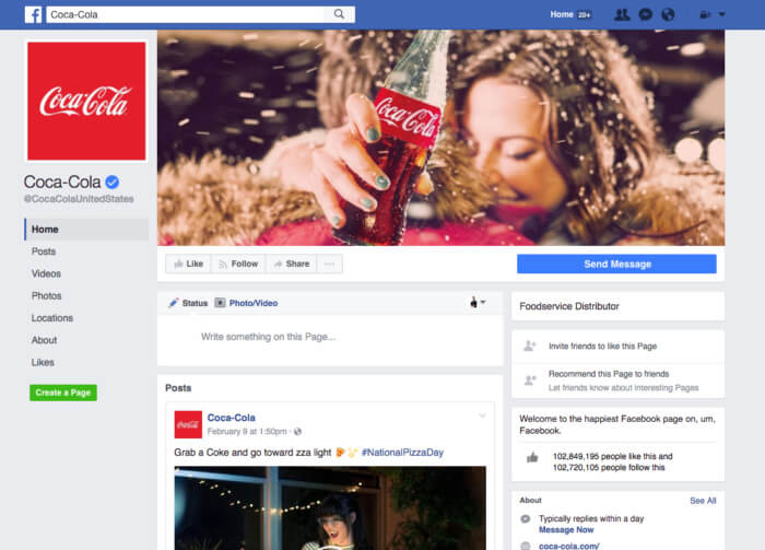 página do Facebook da marca Coca-Cola