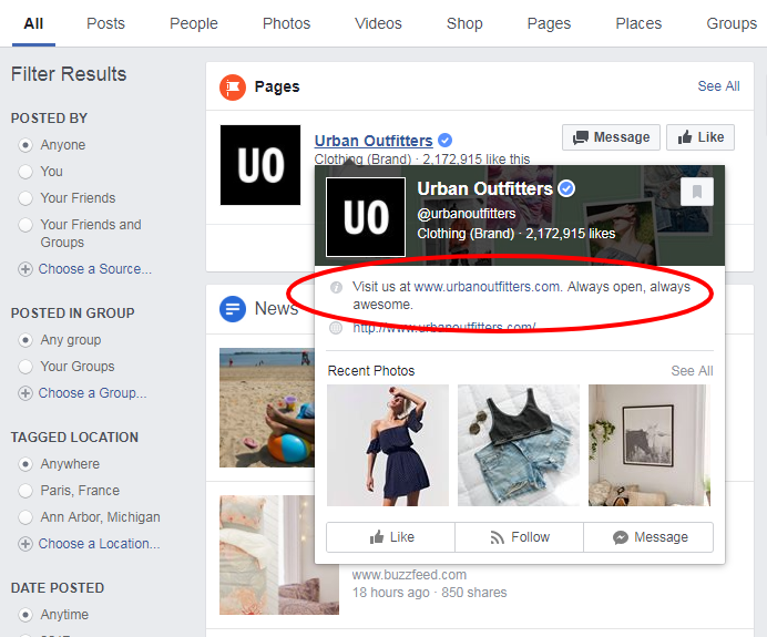 urban outfitters Facebook Search