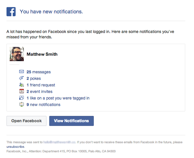 Notificaiton and Activity Update Email from Facebook