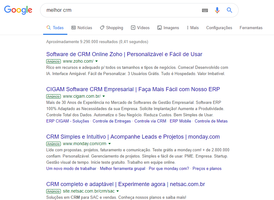 primeira página de resultados de pesquisa no google pelo termo melhor CRM