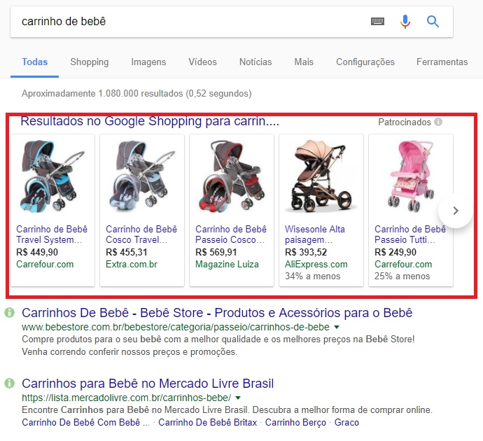 resultados na área de compras da pesquisa do google para carrinhos de bebê