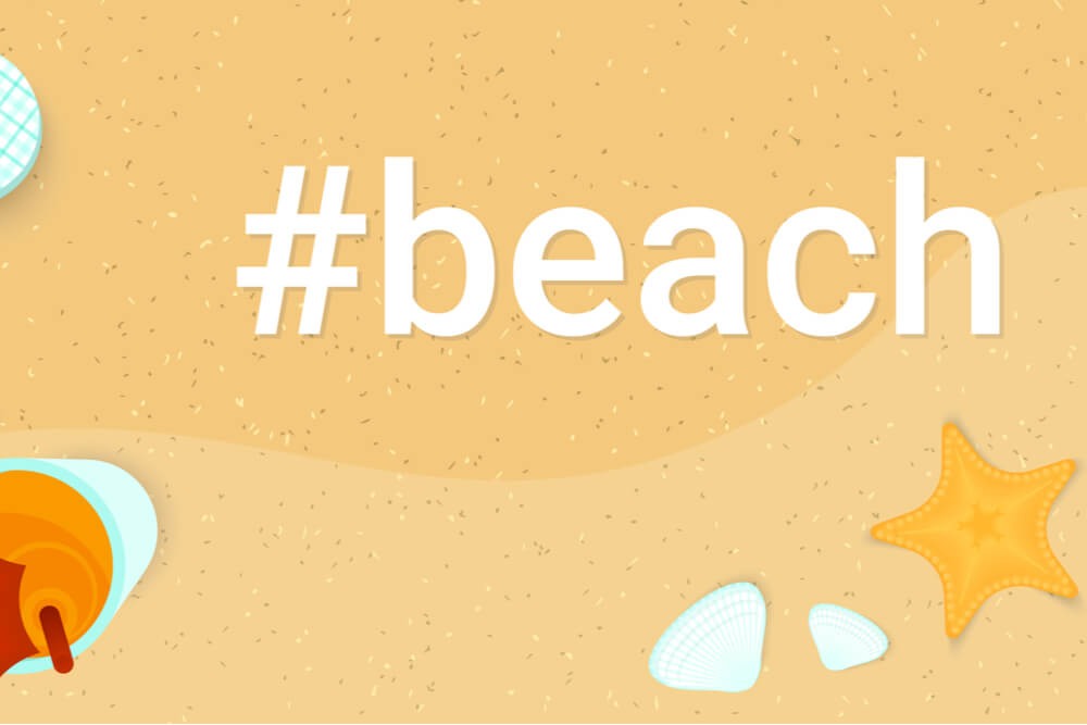 ilustraçao de areia da praia com hashtag da palavra beach