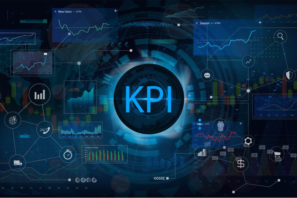 ilustraçao indicando a palavra KPI com simbolos relacionados ao redor