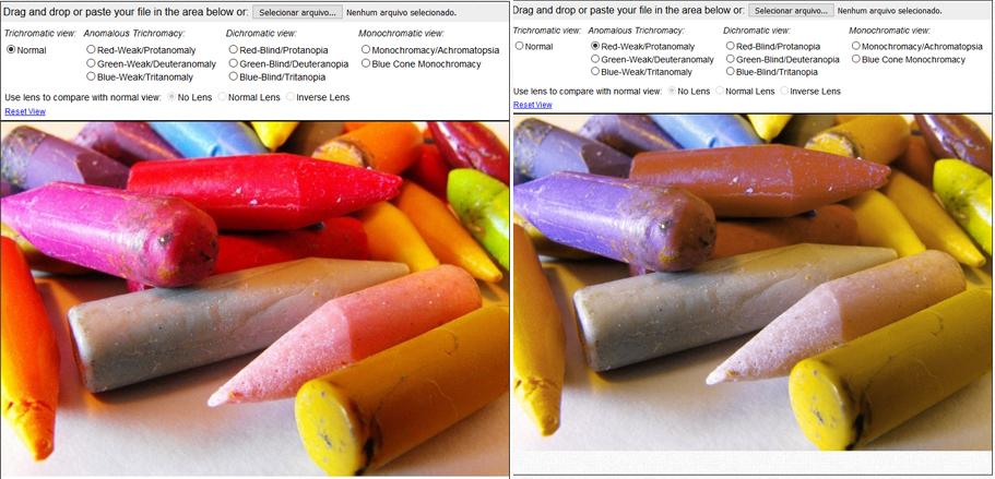 comparação de comportamento das cores em casos de daltonismo