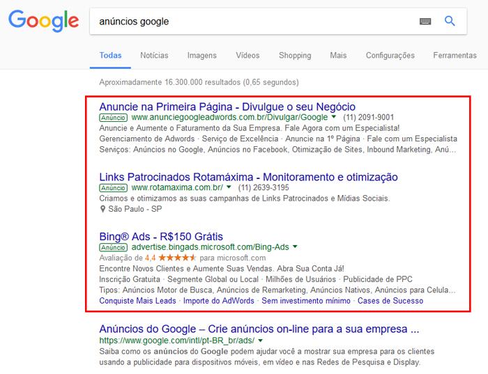 exemplos de resultados feitos pelo google ads em pesquisas do google