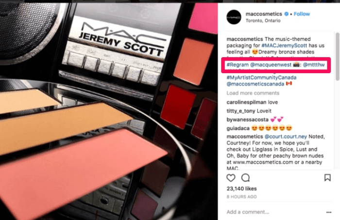 marca de cosméticos MAC utilizando fotos de consumidores em seu perfil no instagram