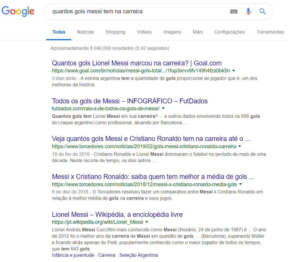 pesquisa de quantidade de gols do jogador Messi no buscador do google