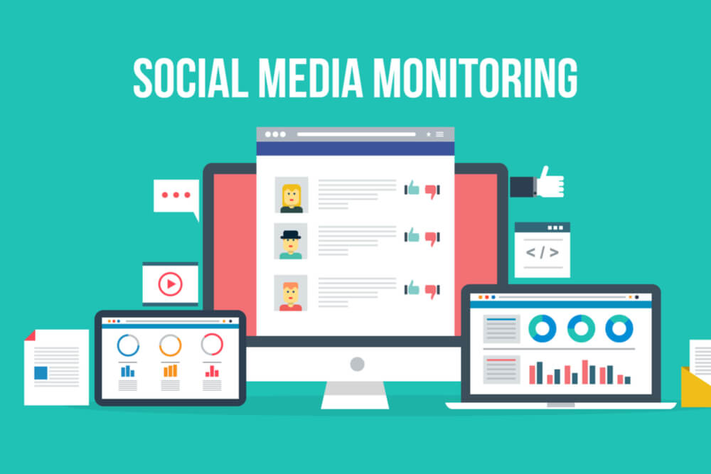 ilustração de dispositivos e monitoramento de social media