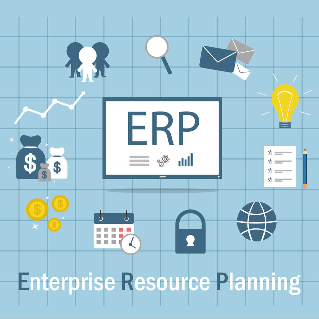 ilustração de ícones relacionados ao título Enterprise Resource Planning com sigla ERP em destaque