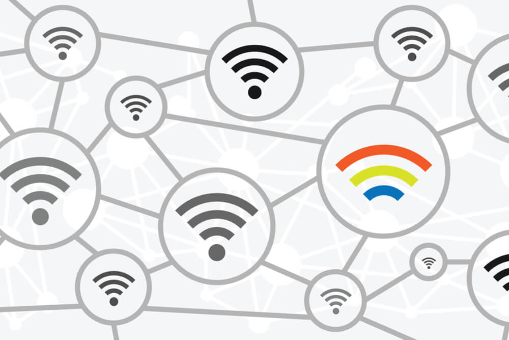 ilustração de varios simbolos de wifi cinzas e um colorido