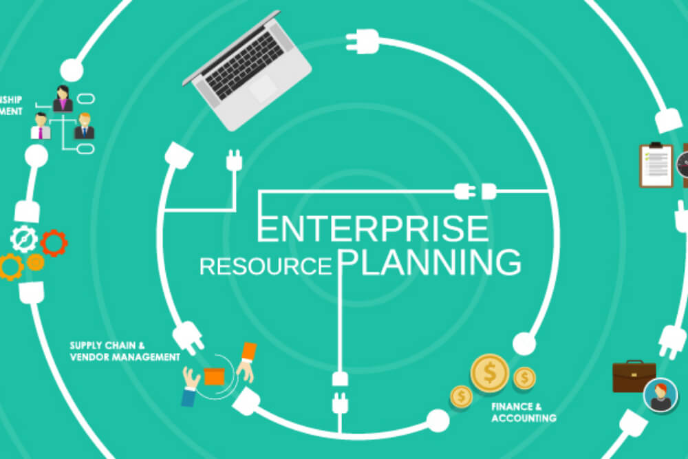 ilustração sobre enterprise resource planning com símbolos títulos e desenhos relacionados a ERP