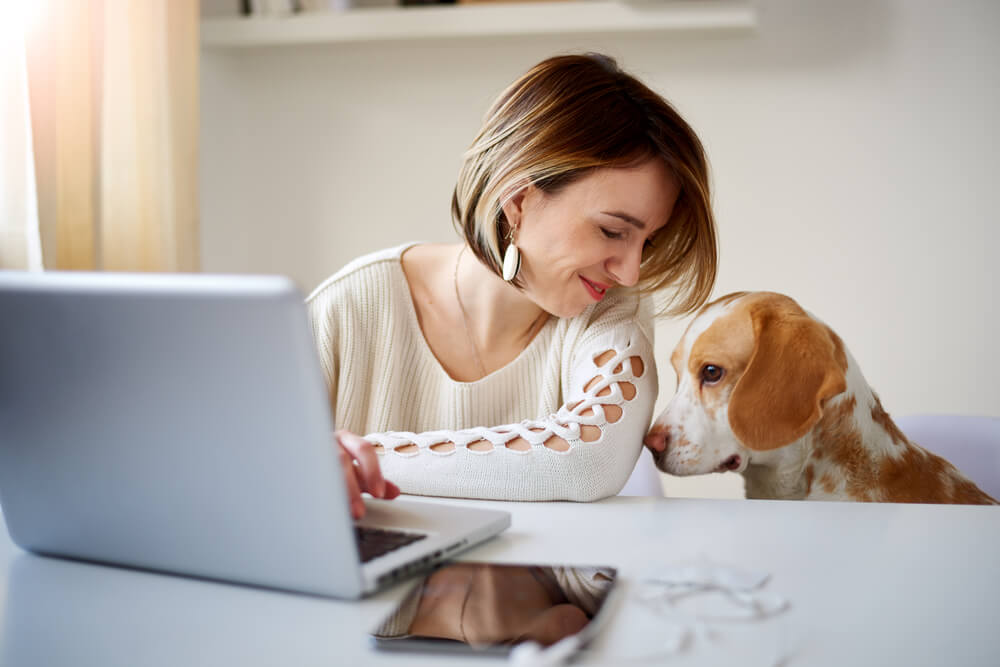 moça ao laptop junto de cachorro