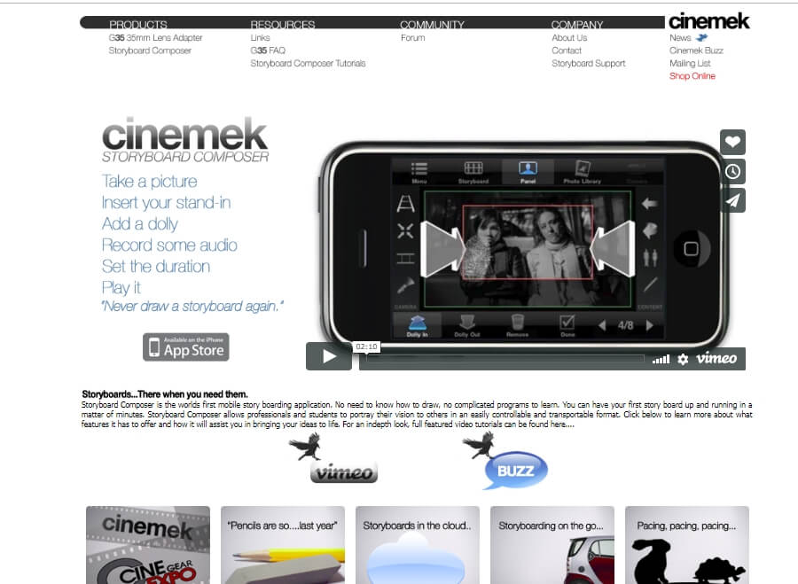 página da ferramenta web de criação Storyboard Composer Cinemek