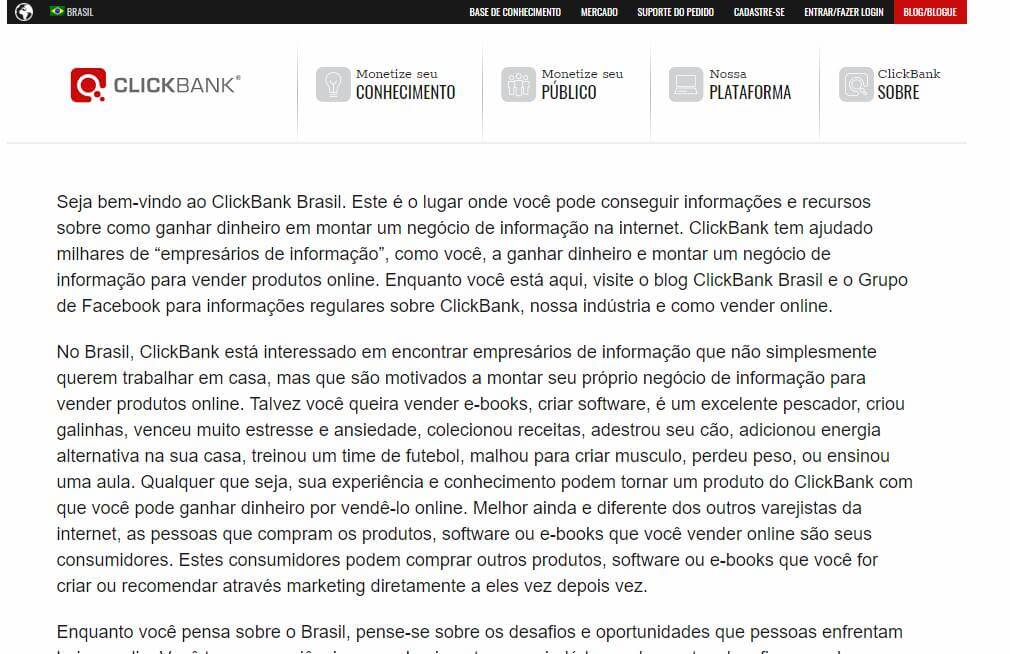 página inicial da plataforma Clickbank para afiliados 