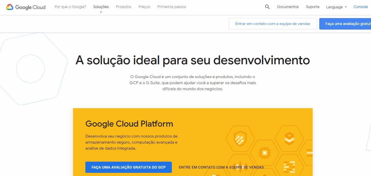 página inicial da plataforma Google Cloud