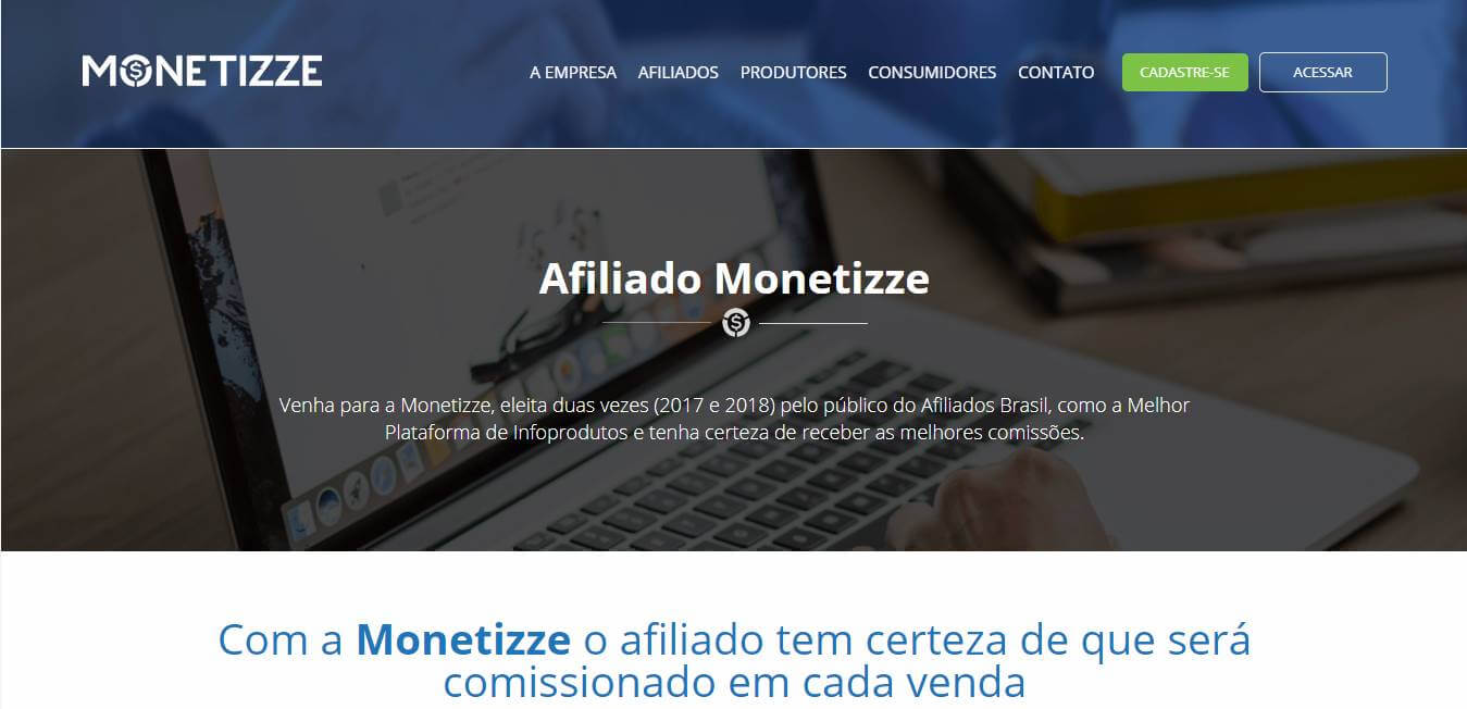 página inicial da plataforma Monetizze para afiliados 