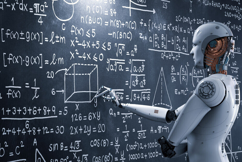 robô escrevendo equações matemáticas em quadro negro