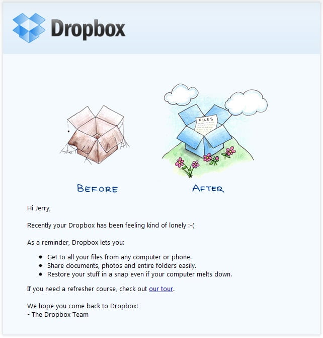 email de reengajamento do Dropbox