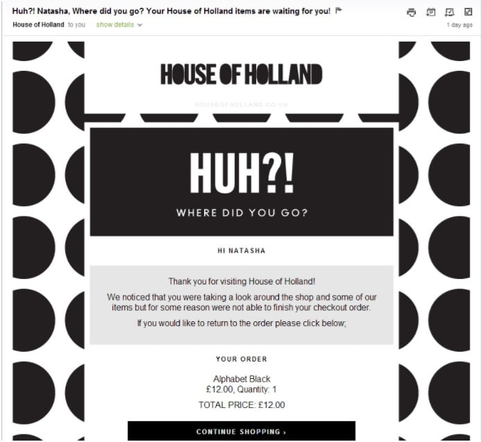 email para carrinho de compras abandonado do House of Holland