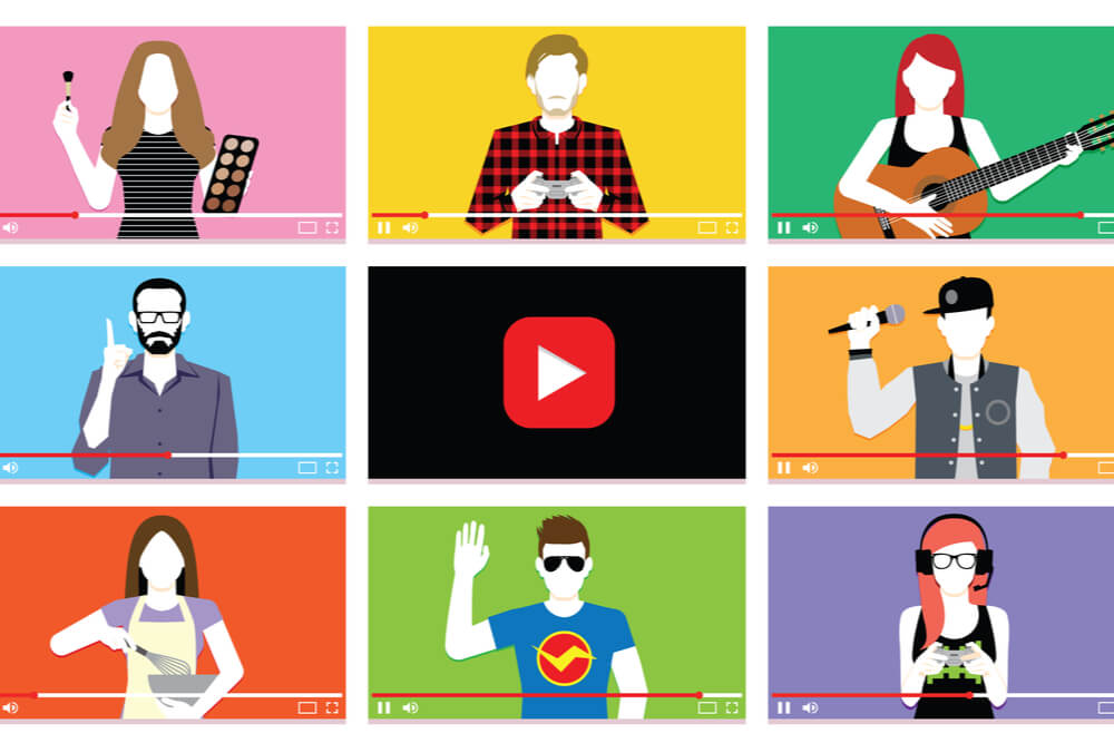 ilustraçao com diversos digital influencers em videos e simbolo da plataforma youtube ao meio