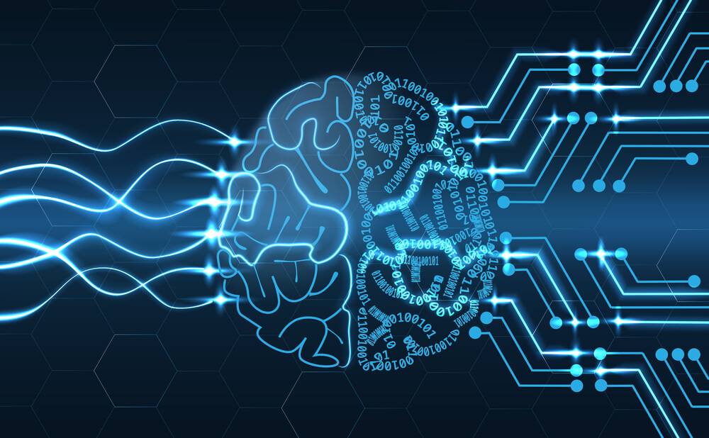 ilustraçao de cerebro humano com sinais de tecnologia representando inteligencia artificial
