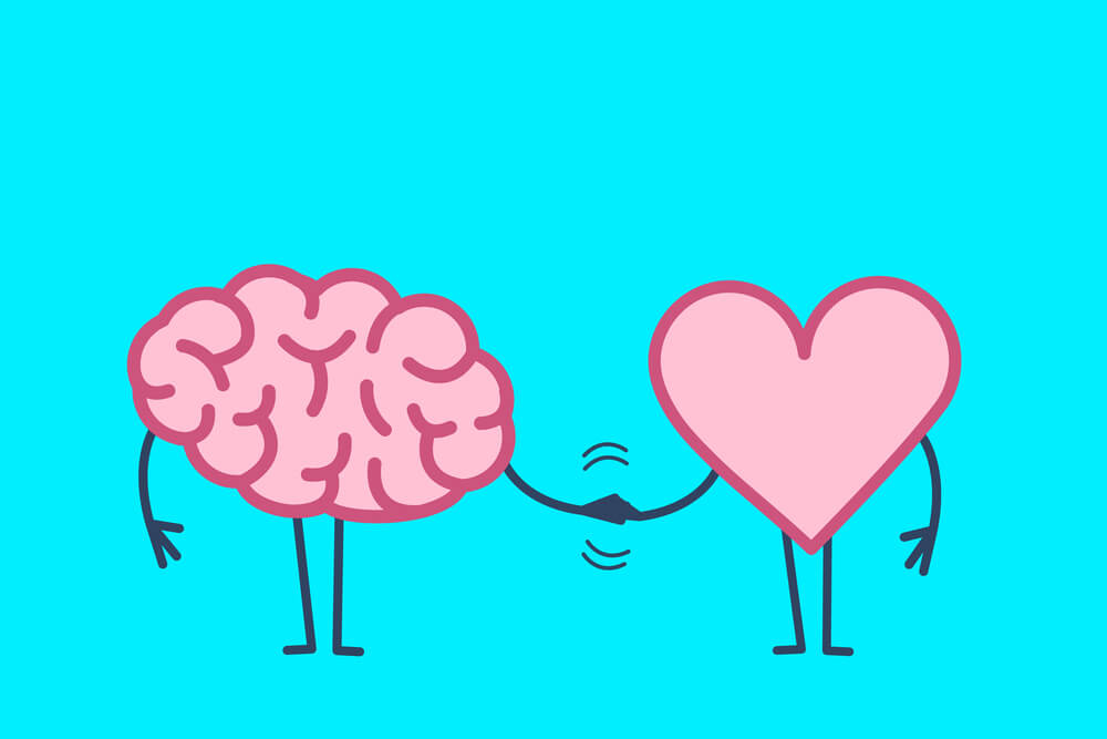 ilustração de coração e cérebro de mãos dadas
