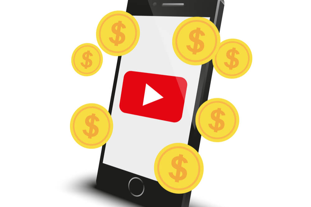 ilustraçao de smartphone com logo do aplicativo youtube em tela e simbolos de moedas em sua volta