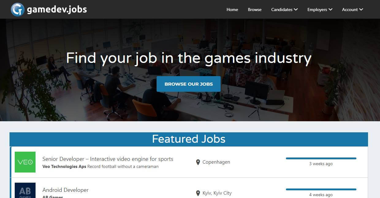página inicial de site de trabalhos remotos Gamedev.jobs