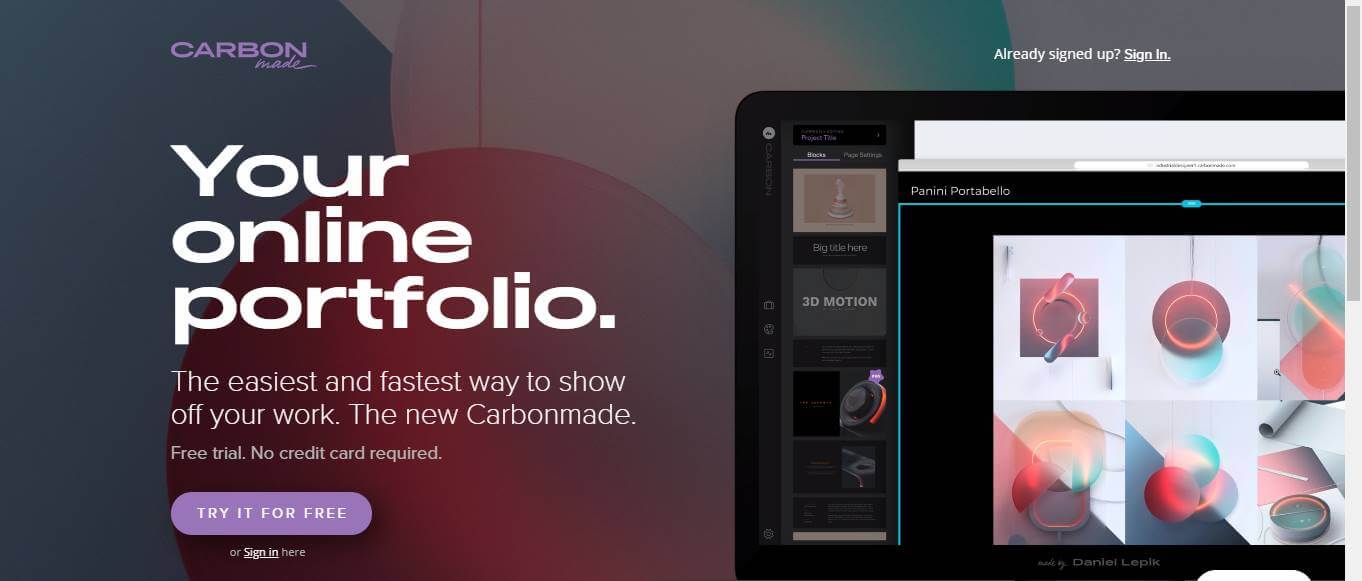 página inicial do site de criação de portfolio online CarbonMade