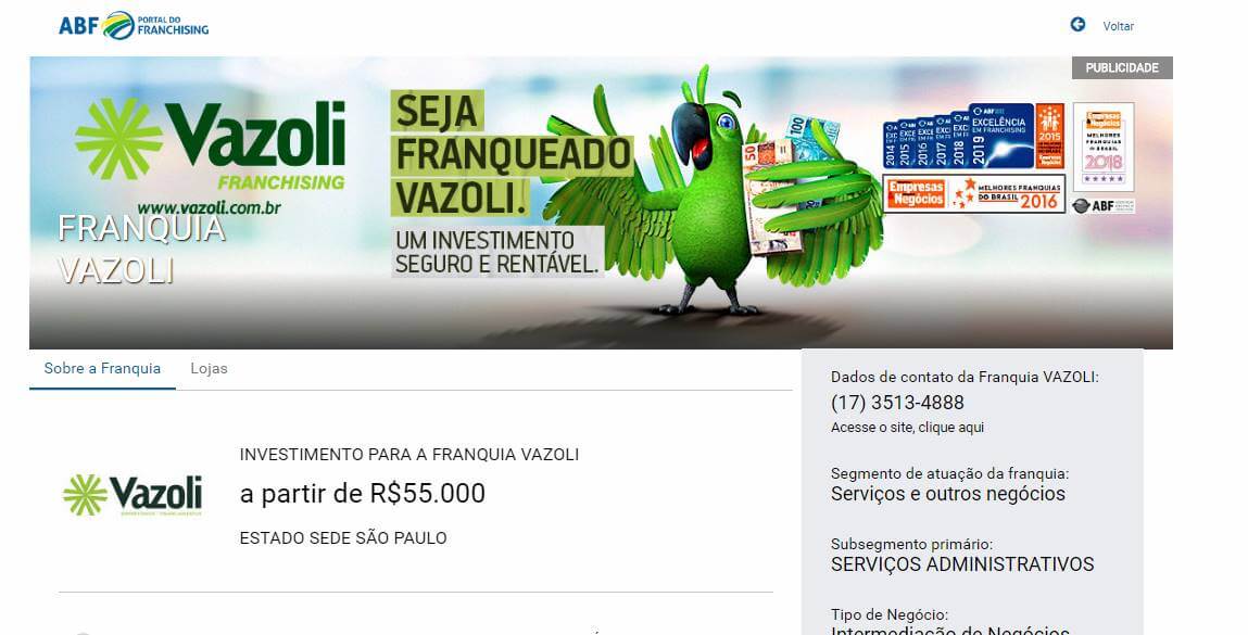 página web da empresa Vazoli com exemplo de tipo de empreendedorismo