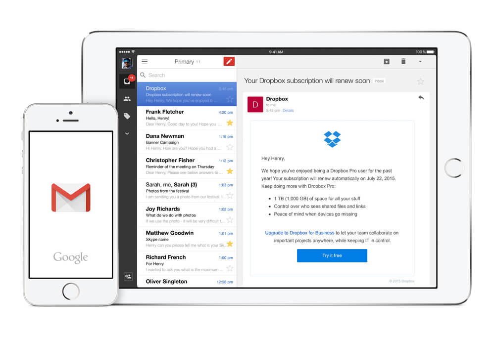 plataforma do plicativo gmail em smartphone e tablet