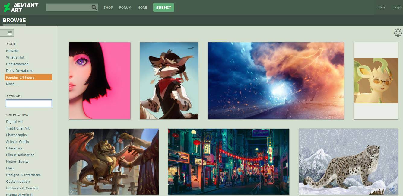 site para desktop DevainArt para portfolios online de artes