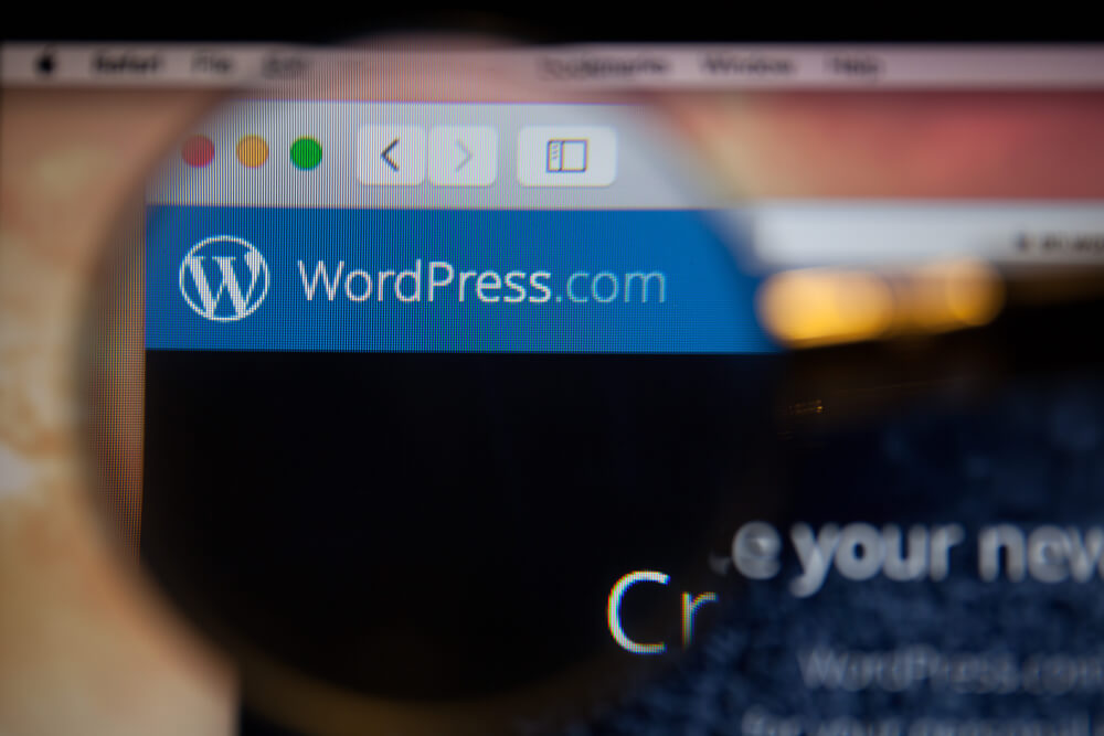 tela de computador com lupa indicando aplicativo wordpress