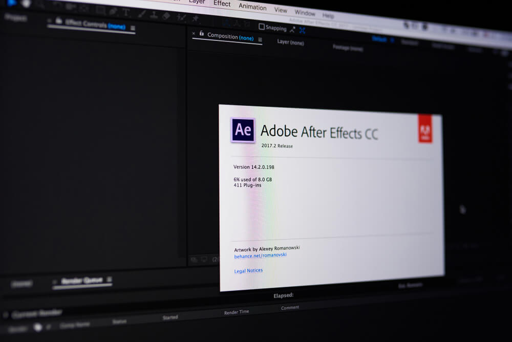 tela de inicialização do programa de efeitos After Effects da empresa Adobe