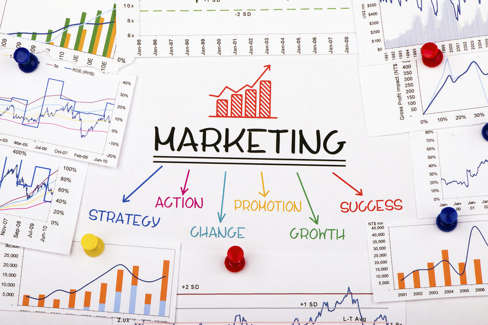 elementos e gráficos de estratégia de marketing no plano de mídia