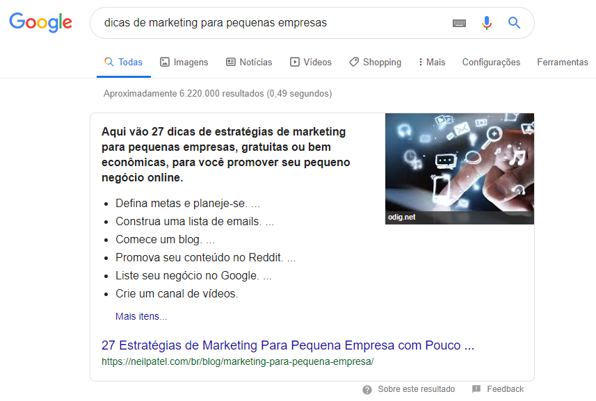 resultado de pesquisa sobre dicas de marketing para pequenas empresas do google