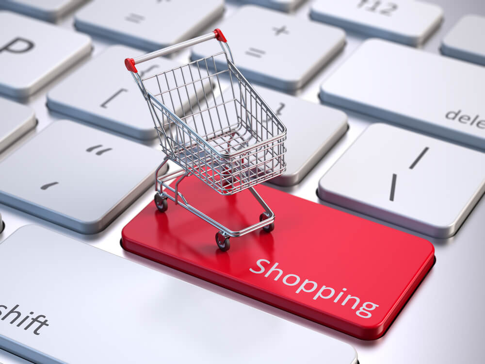 ilustraçao de carrinho de compras sob tecla de teclado com a palavra shopping