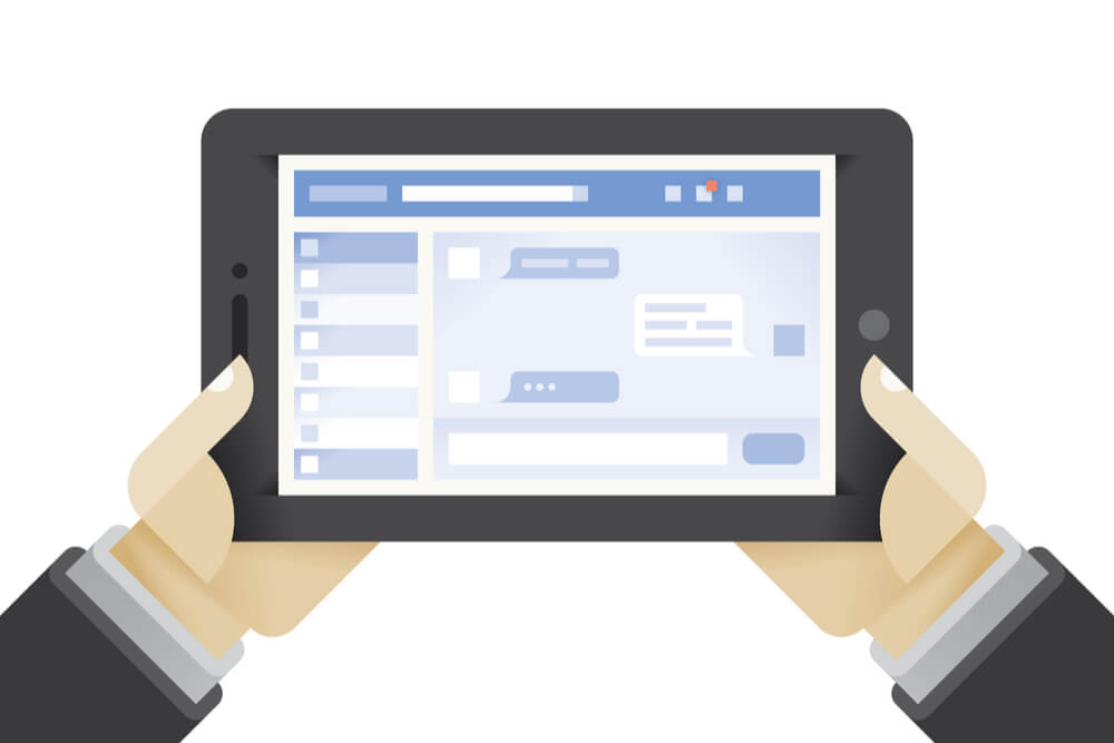 ilustraçao demonstrando maos segurando tablet com plataforma facebook em tela
