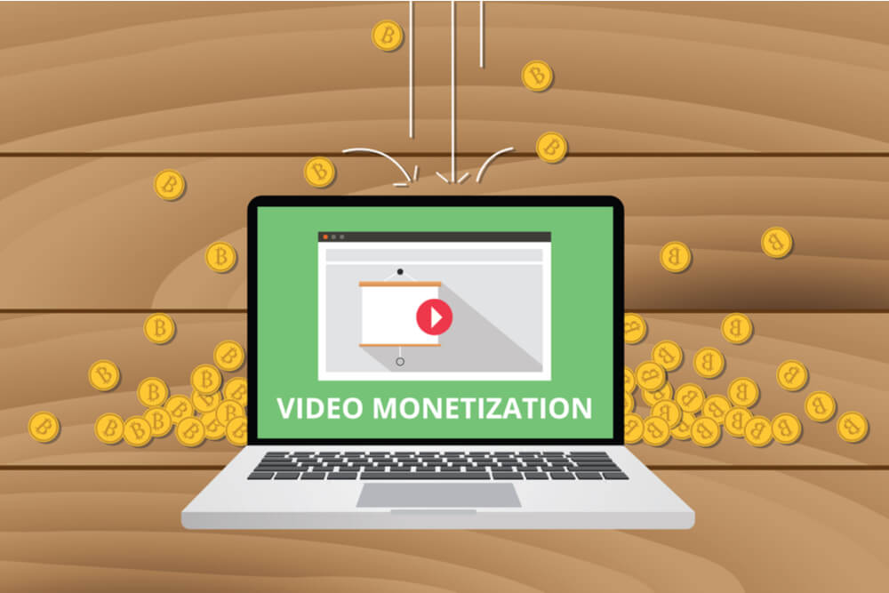 ilustraçao demonstrando laptop com simbolo de youtube em tela e moedas em volta